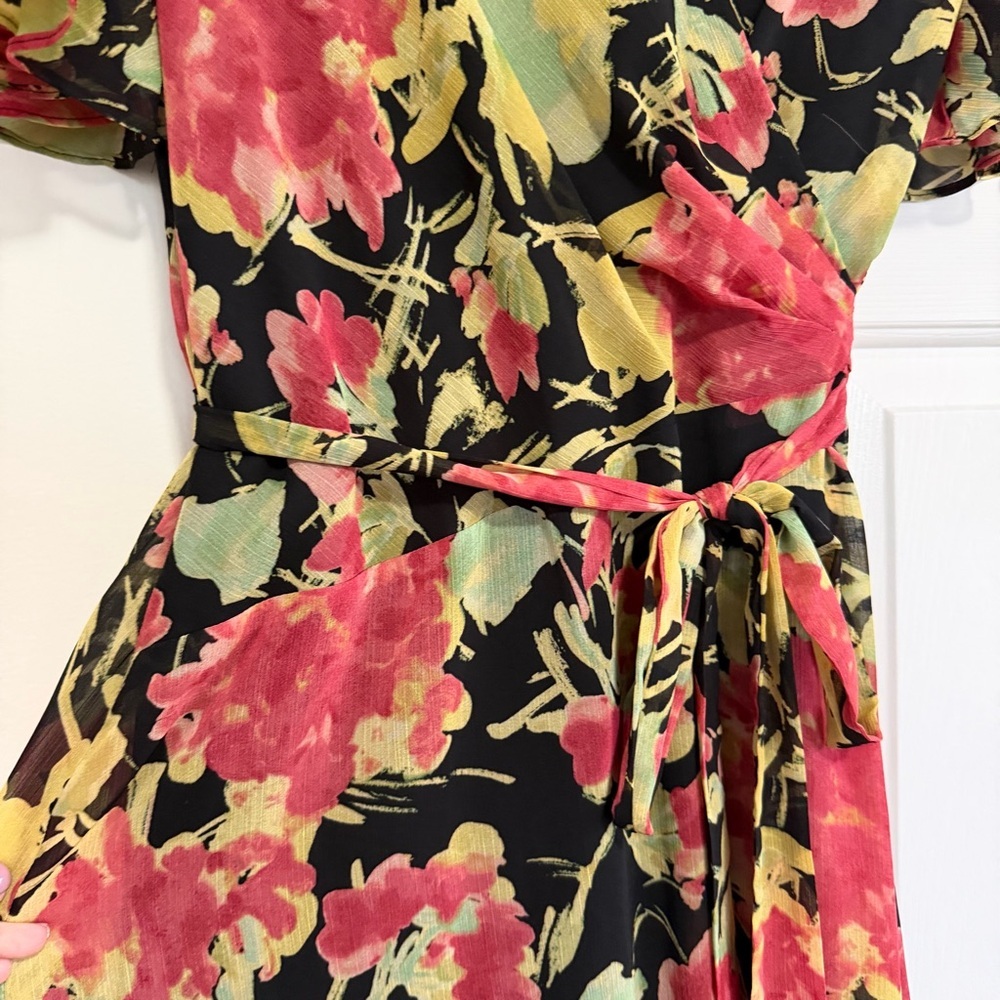 Lauren Ralph Lauren Short Sleeve Faux Wrap Black Pink Dress Size 14 - Picture 5 of 13